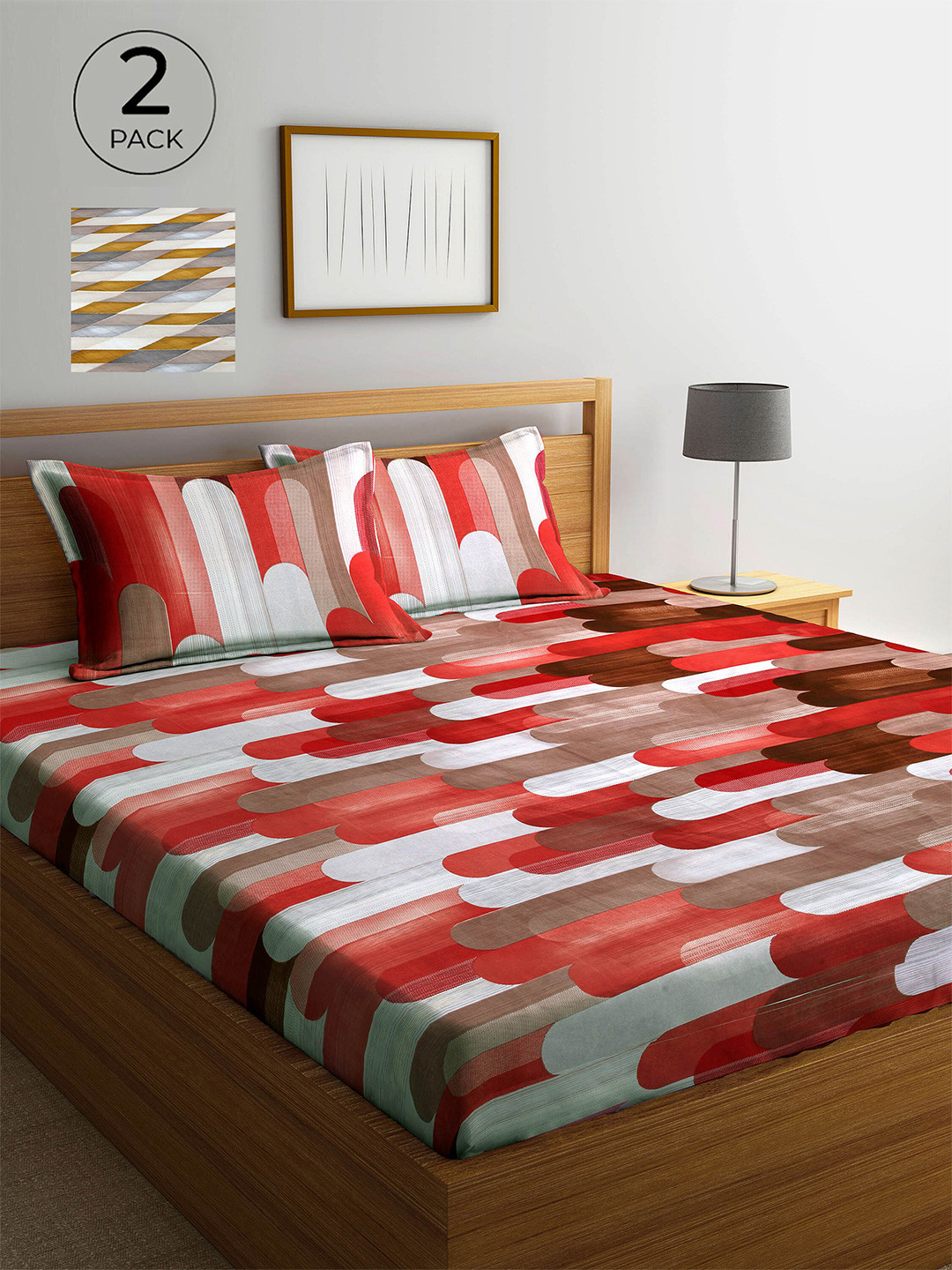 Arrabi Multicoloured Graphic Polycotton 300 TC King Fine 2 Bedsheet with 4 Pillow Covers-98 x 89 inches