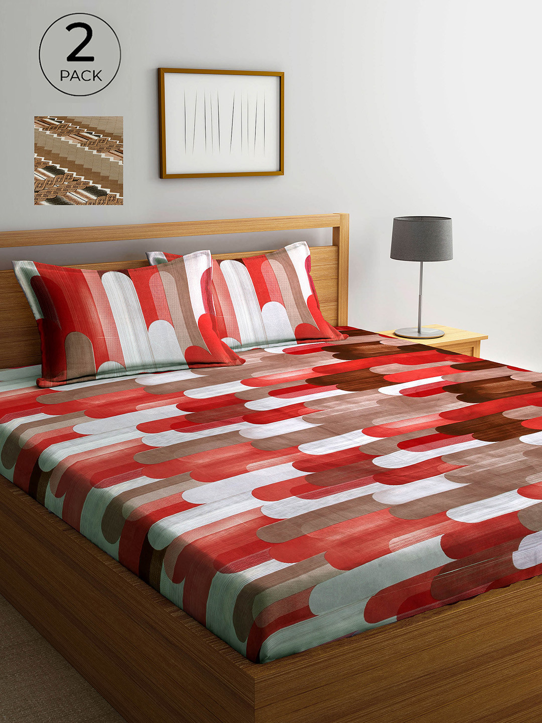 Arrabi Red Graphic Polycotton 300 TC King Fine 2 Bedsheet with 4 Pillow Covers-250 x 225 cm