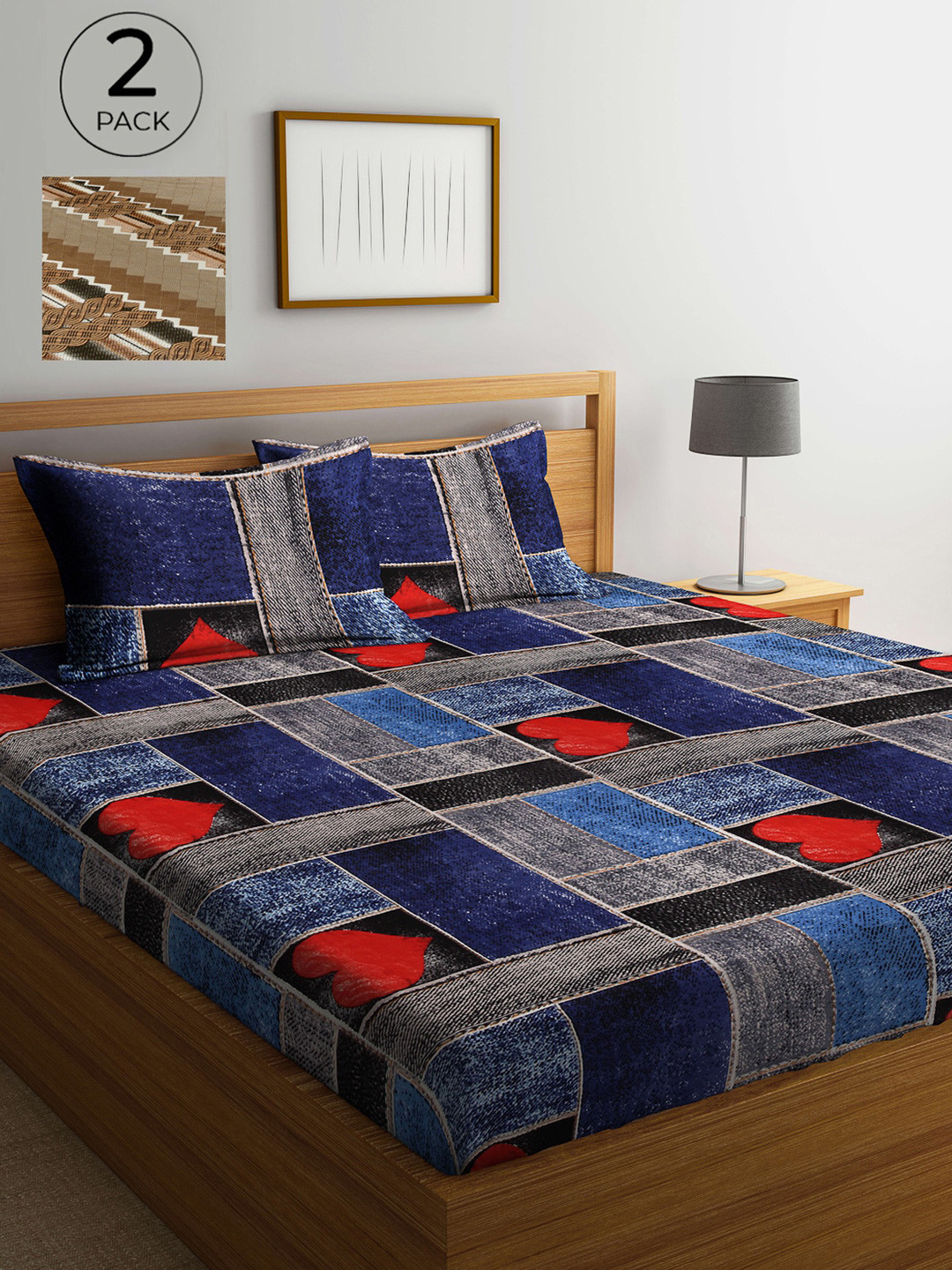 Arrabi Multicoloured Geometric Polycotton 300 TC King Fine 2 Bedsheet with 4 Pillow Covers-55 x 60 inches