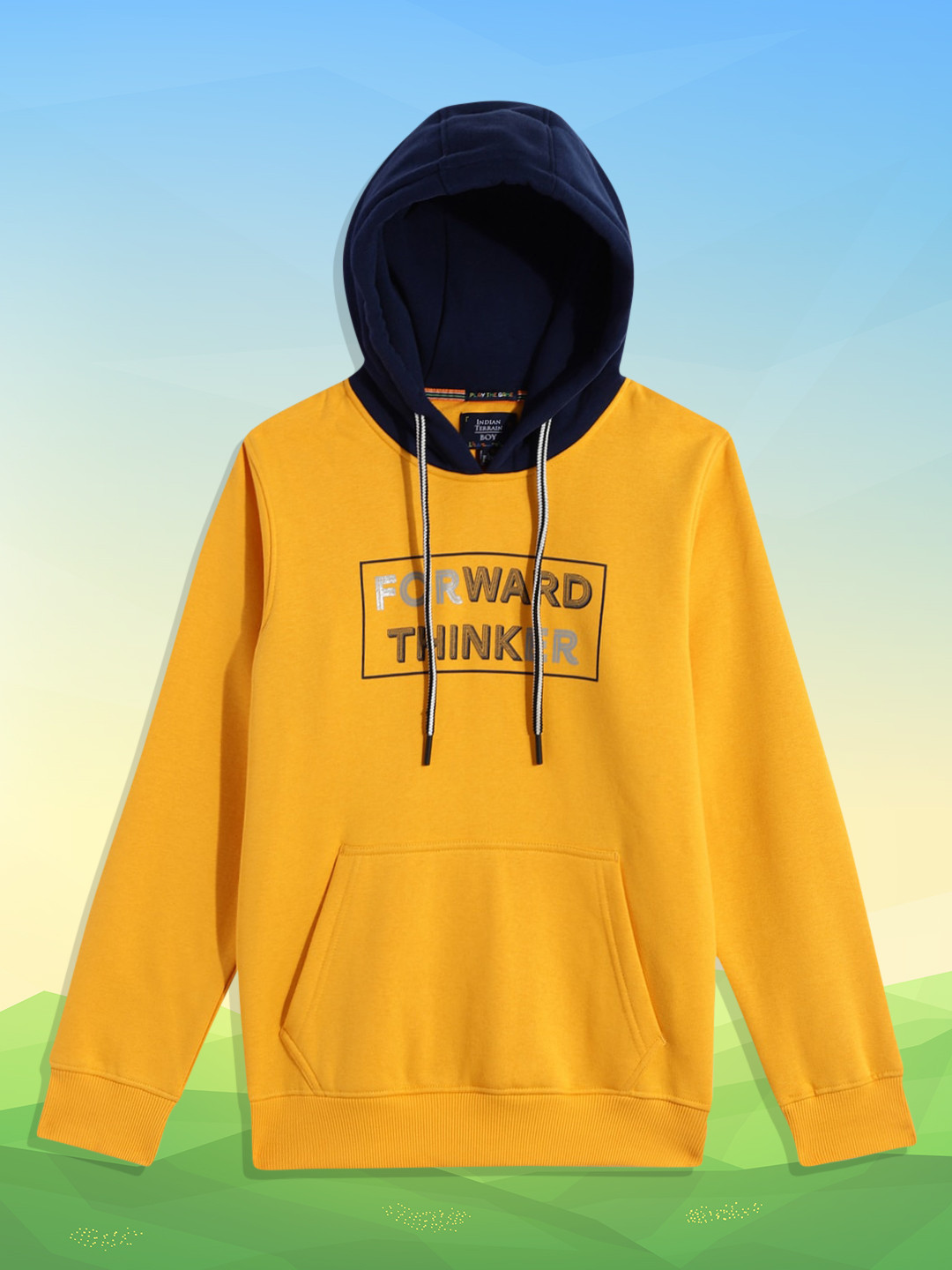 Indian Terrain Boys Yellow Printed Hooded Sweatshirt