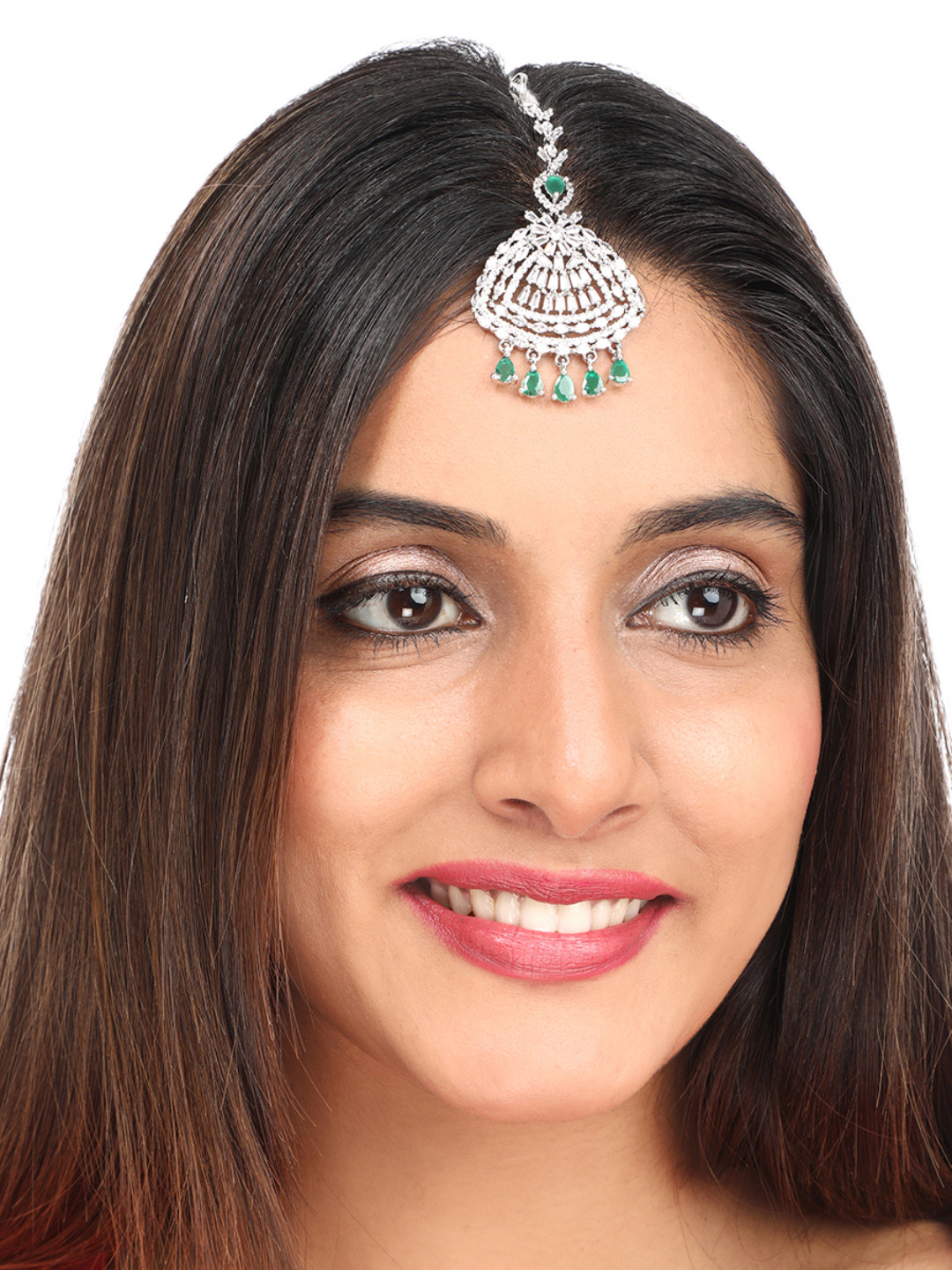 Yellow Chimes Silver-toned Green Studded Handcrafted Maang Tikka