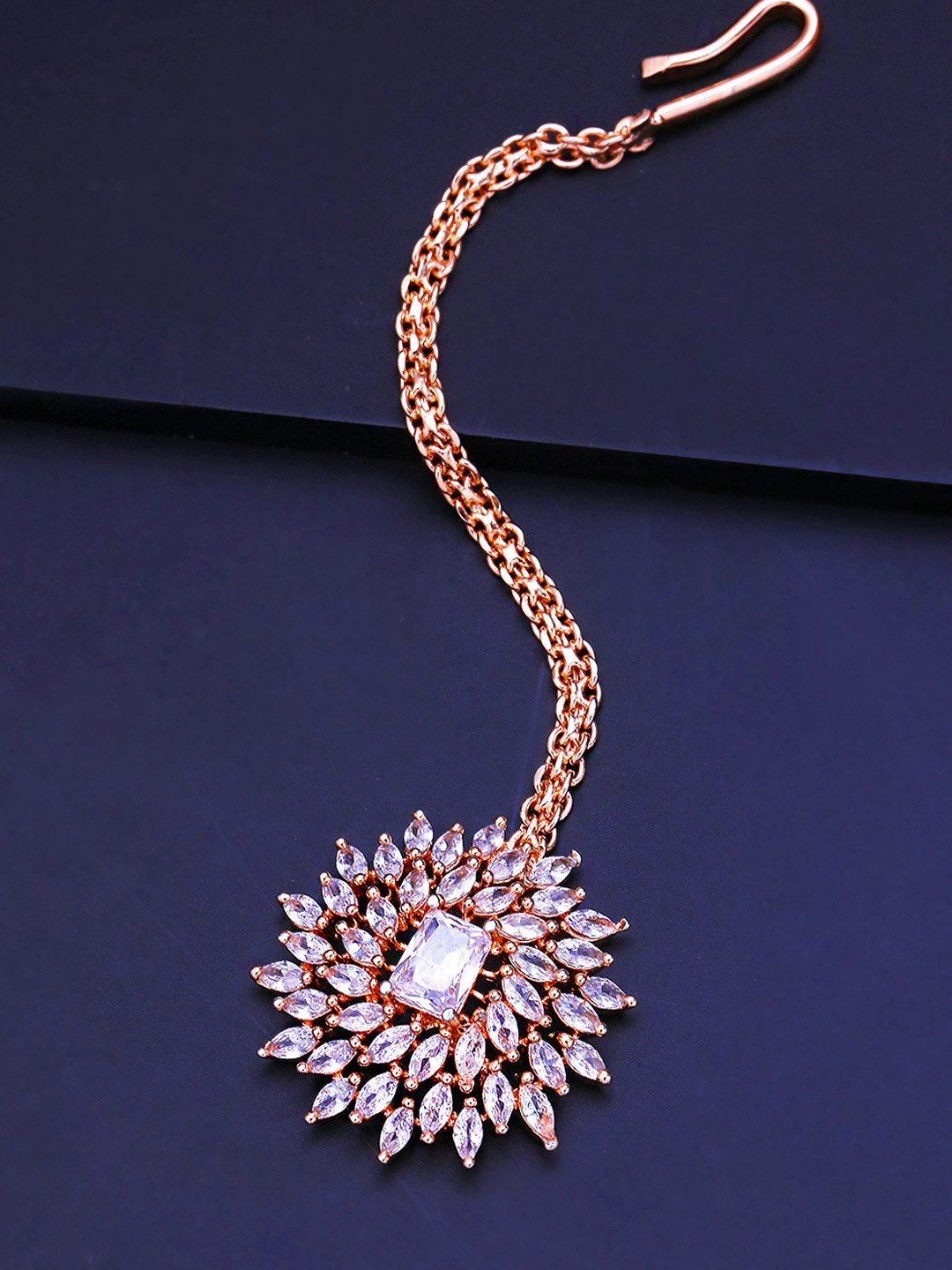 Yellow Chimes Women Rose Gold toned American Diamond Studded Handcrafted Maang Tikka