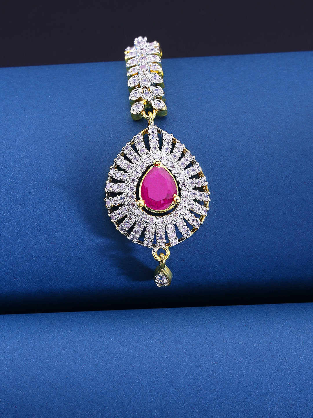 Yellow Chimes Women Gold-Plated American Diamond Pink & White Studded Handcrafted Maang Tikka