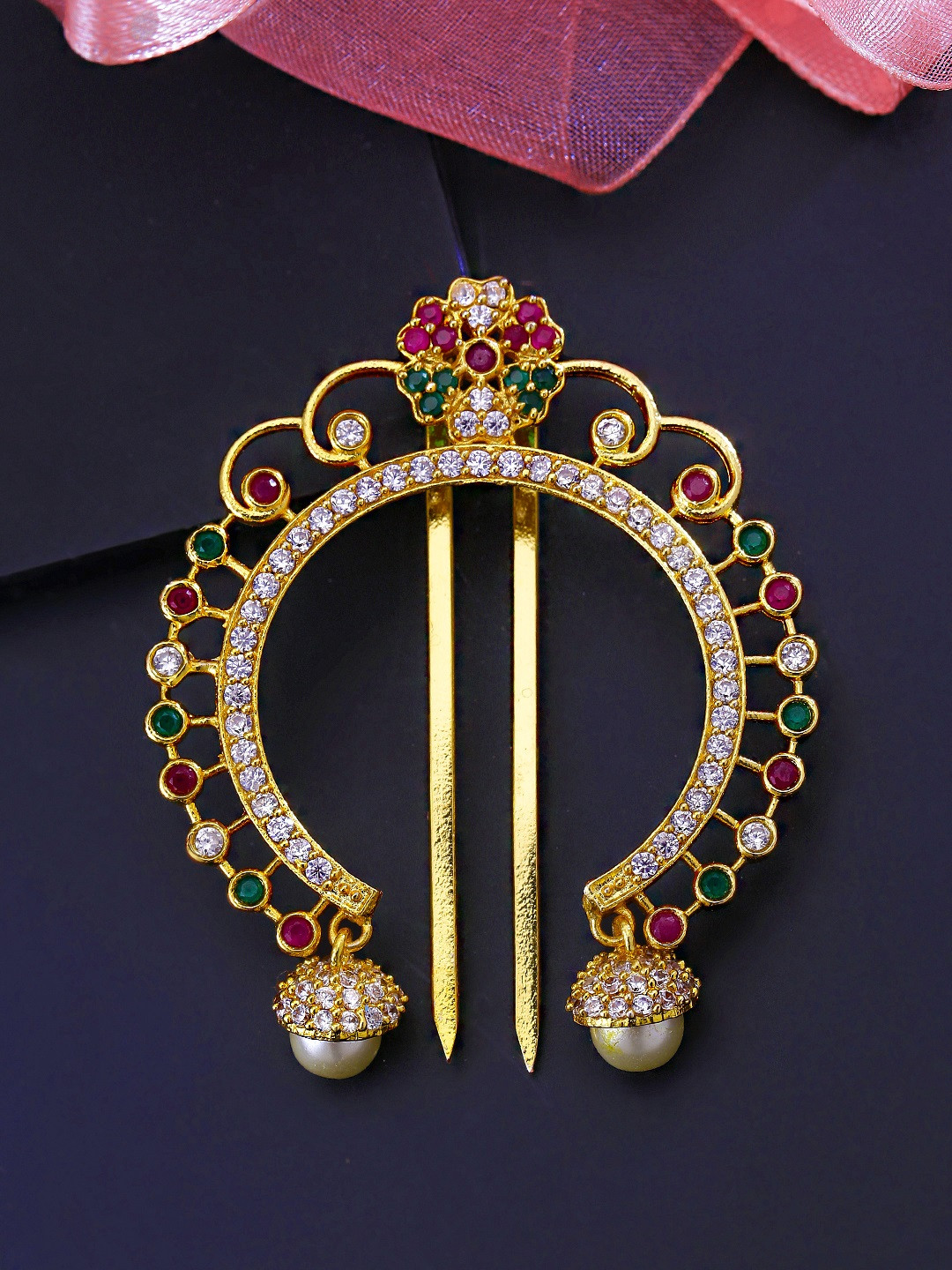 Yellow Chimes Women Gold-Plated Red American Diamond Studded Bun Pin