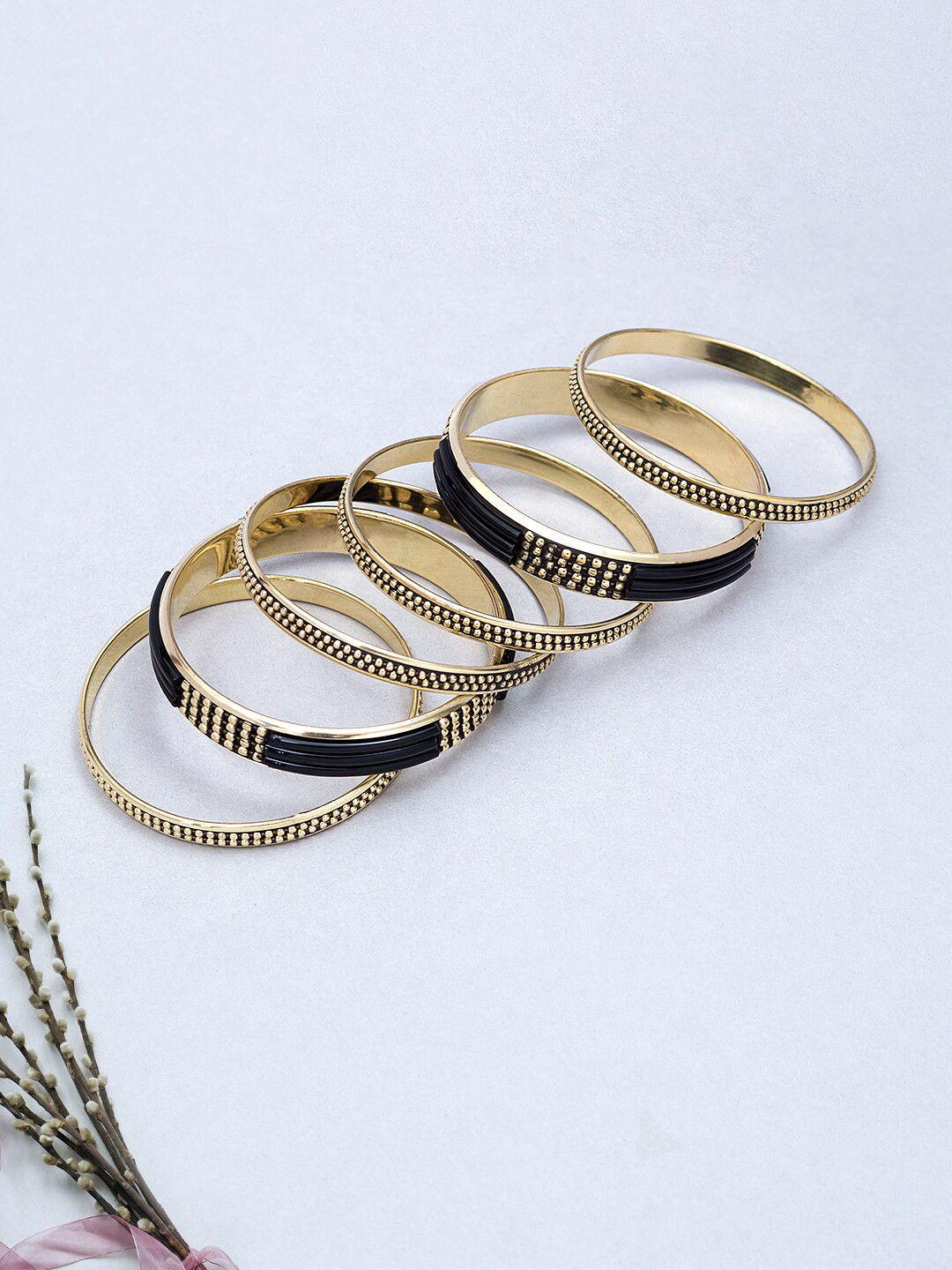 Golden Peacock Set Of 6 Black & Gold-Toned Beaded Bangles