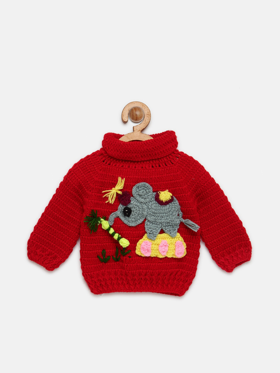 CHUTPUT Kids Red & Grey Hand Knitted Crochet Elephant Wool Pullover