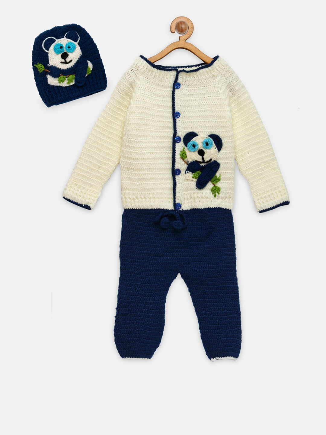 CHUTPUT Unisex Kids Blue & White Hand Knitted Crochet Panda Shirt & Pyjamas With Head Cap