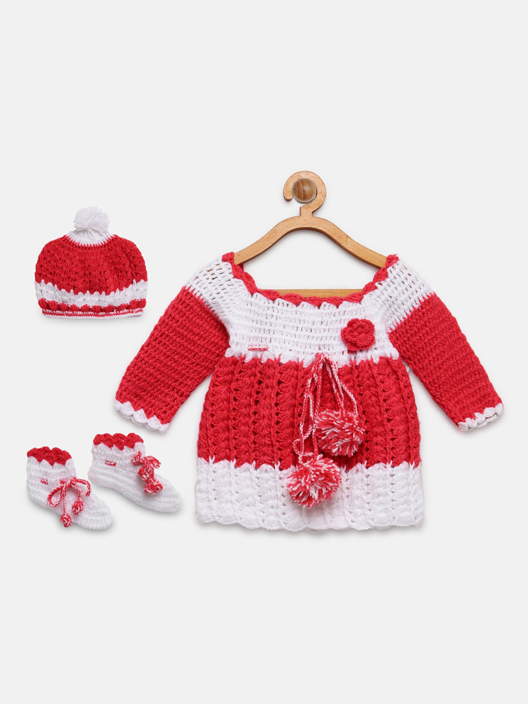 CHUTPUT Girls Red & White Pure Wool Jumper Dress with Cap & Booties