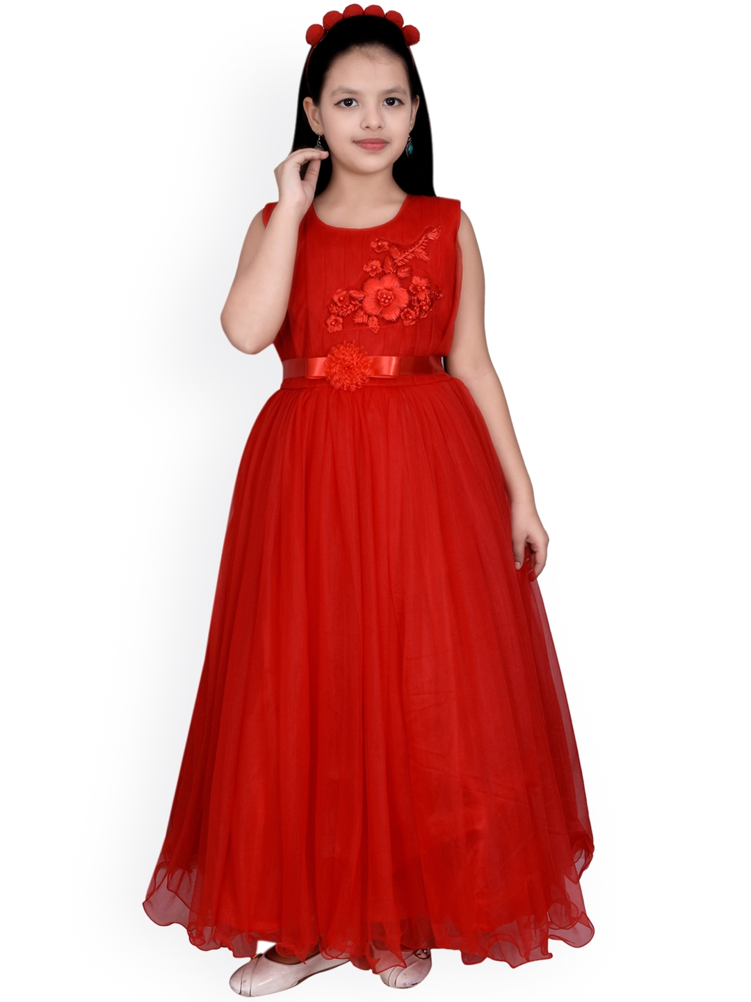 SKY HEIGHTS Red Floral Net Maxi Gown Dress
