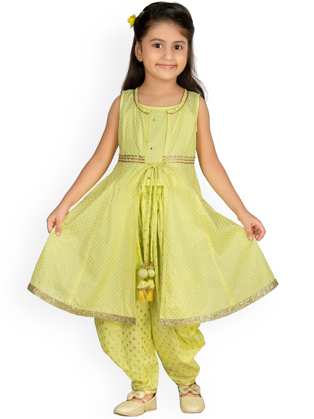 Mini Chic Girls Green Regular Sequinned Pure Cotton Top With Dhoti Pants & Jacket
