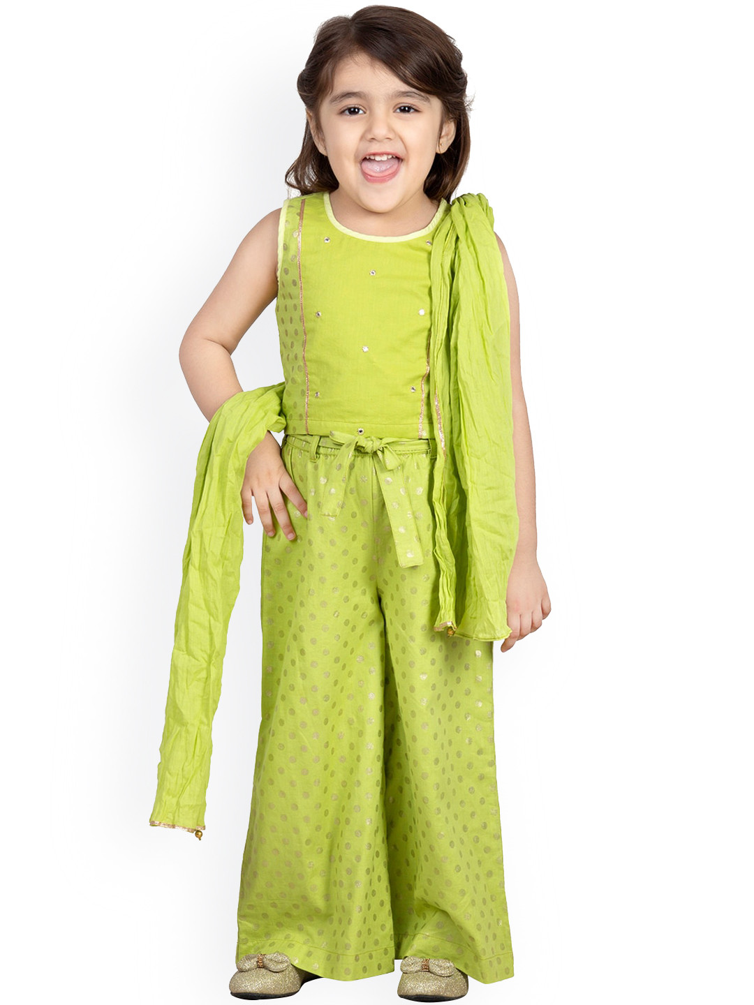 Mini Chic Girls Green Regular Pure Cotton Top With Palazzos & Dupatta