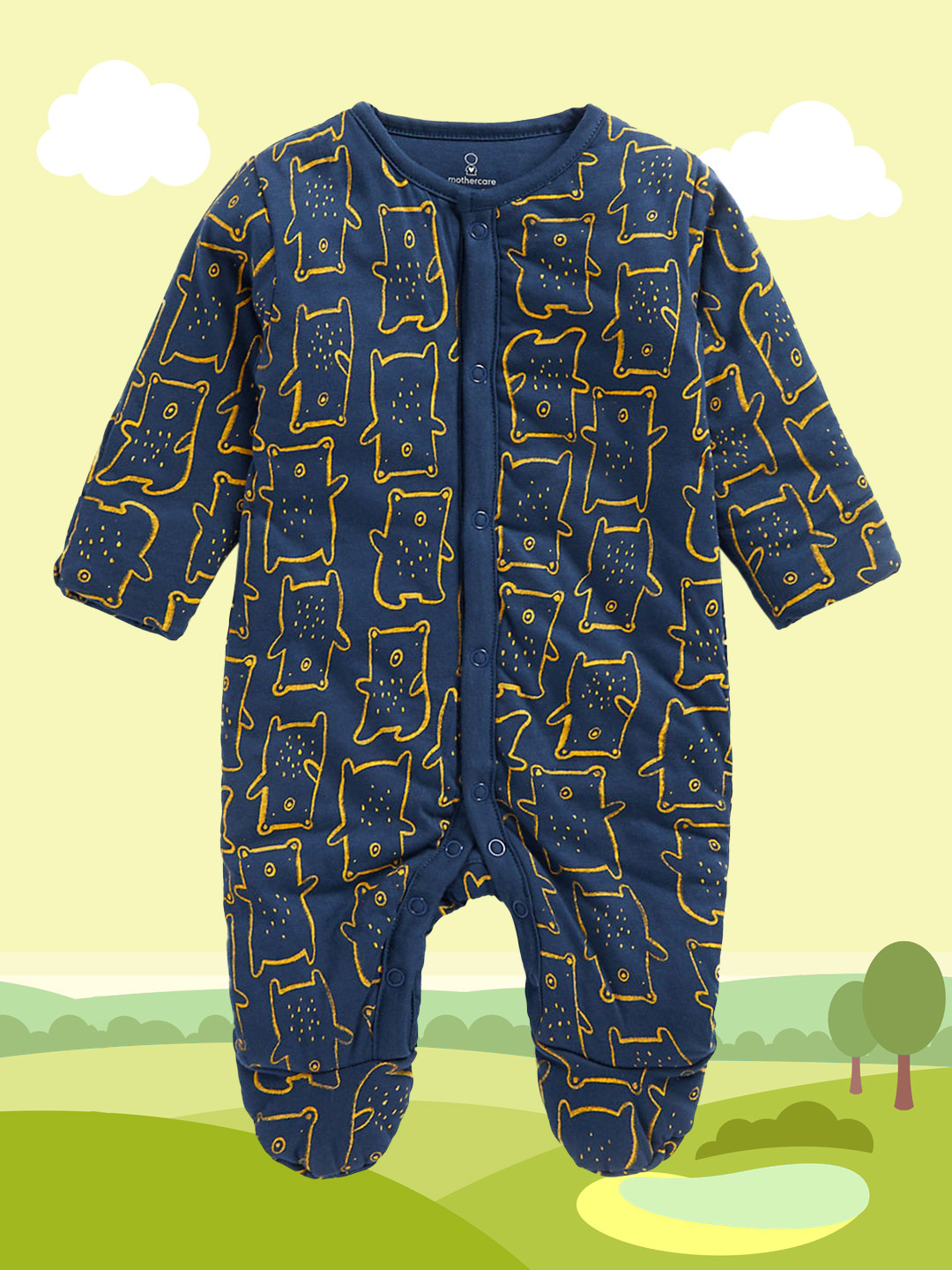 mothercare Infant Boys Navy Blue Bear Print Wadded Pure Cotton Sleepsuit