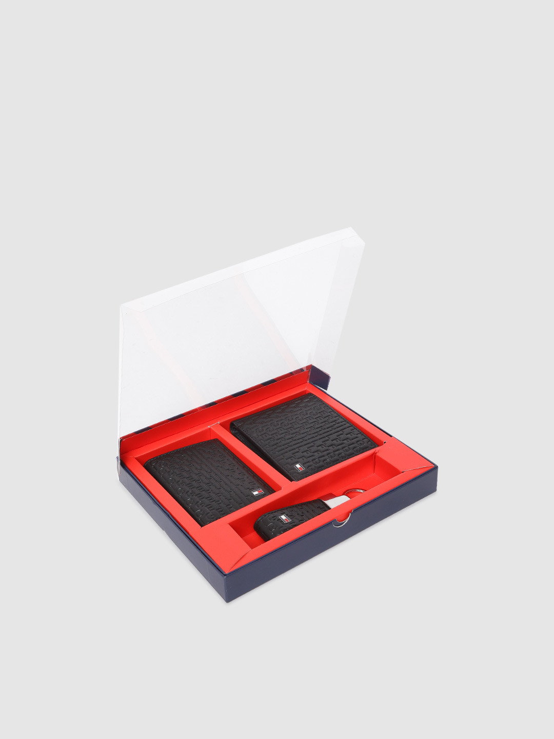 Tommy Hilfiger Men Black Brand Logo Textured Leather Accessory Gift Set