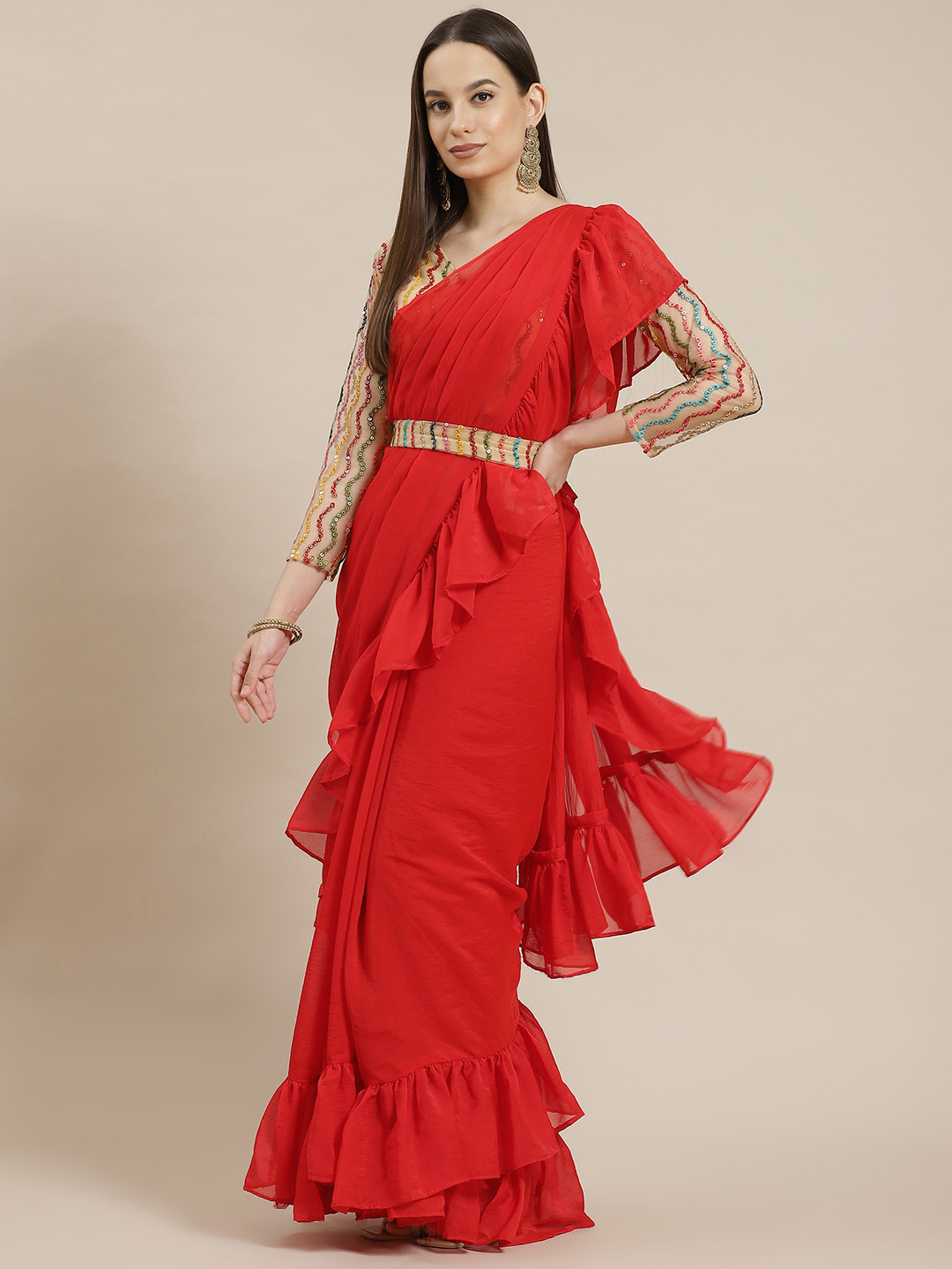 Shaily Red Ruffled Ready to Wear Saree