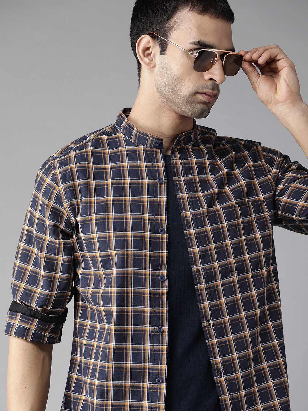 Roadster Men Navy Blue & Yellow Cotton Tartan Checks Opaque Checked Sustainable Casual Shirt