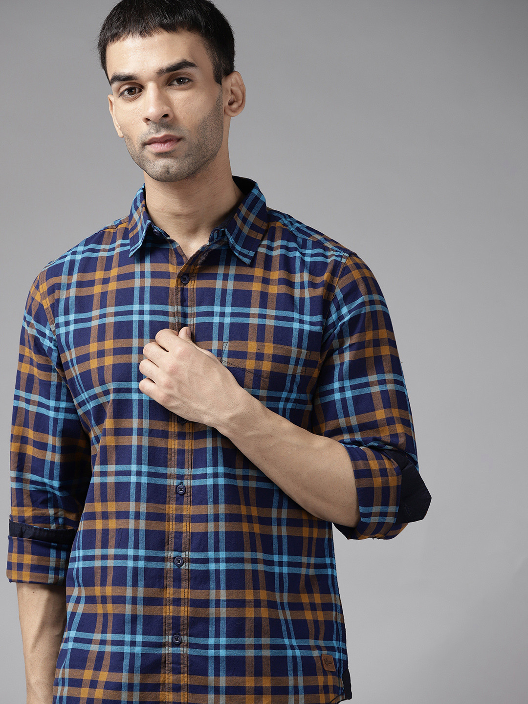 Roadster Men Navy Blue & Mustard Yellow Cotton Tartan Checks Casual Shirt