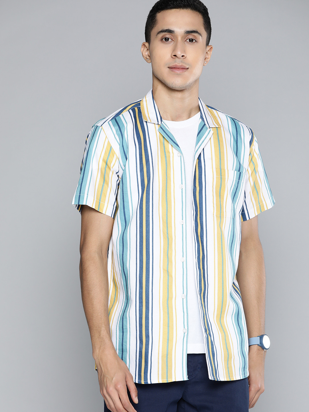 DENNISON Men Blue & Yellow Smart Multi Striped Casual Shirt
