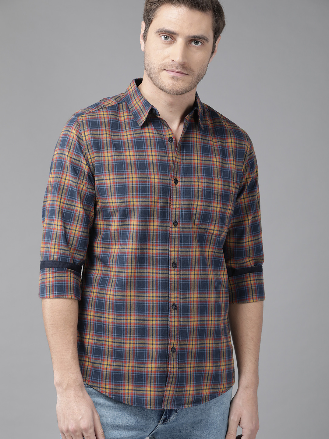 Roadster Men Navy Blue & Mustard Brown  Cotton Tartan Checks Casual Shirt