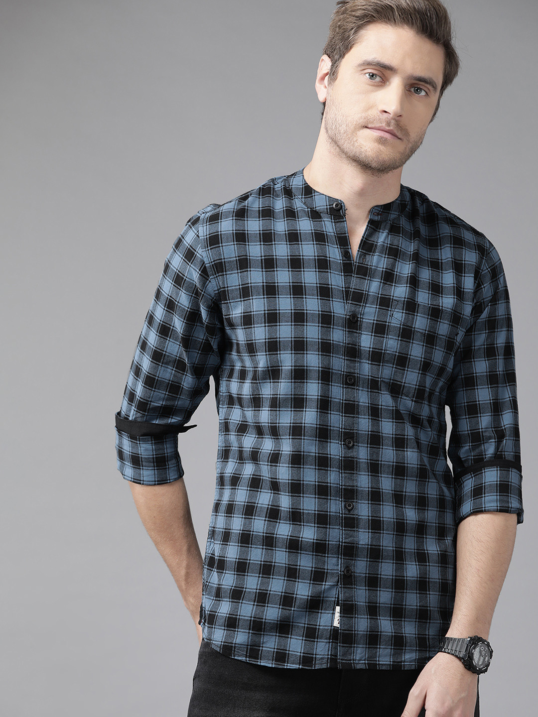 Roadster Men Blue & Black Pure Cotton Tartan Checks Sustainable Casual Shirt