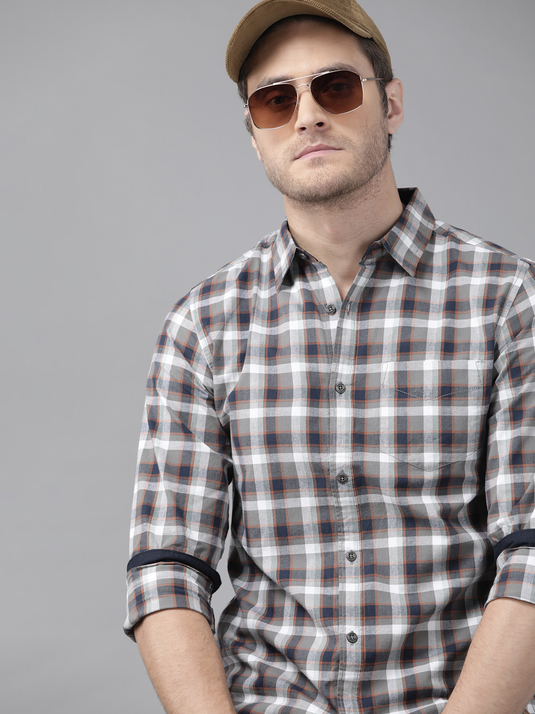 Roadster Men Grey & Navy Blue  Cotton Tartan Checks  Casual Shirt