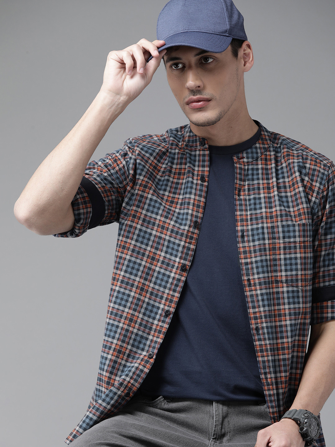 Roadster Men Blue & Orange Tartan Checked Pure Cotton Sustainable  Shirt