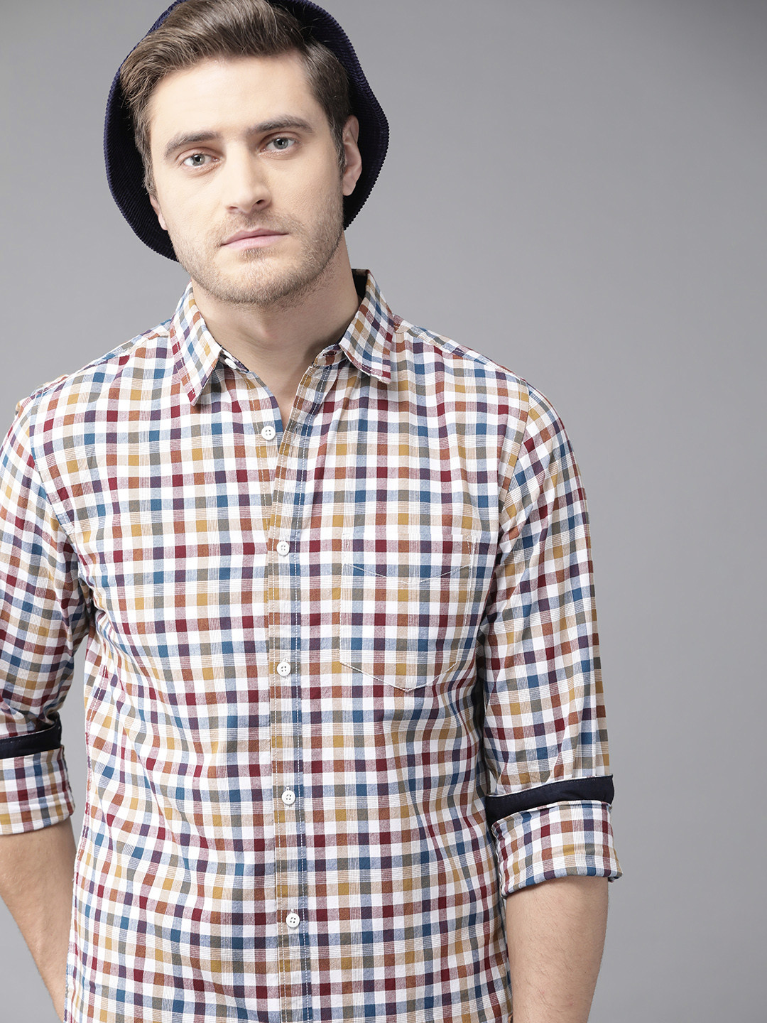 Roadster Men White & Mustard Yellow  Cotton Gingham Checks Checked  Casual Shirt