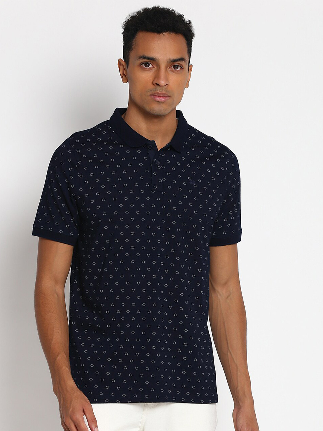 Lee Men Navy Blue Printed Polo Collar Cotton T-shirt