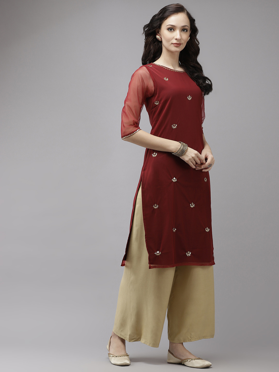 W Women Maroon & Golden Embellished Kurta