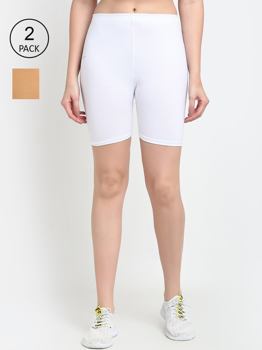 GRACIT Women Pack of 2 White & Beige Biker Shorts