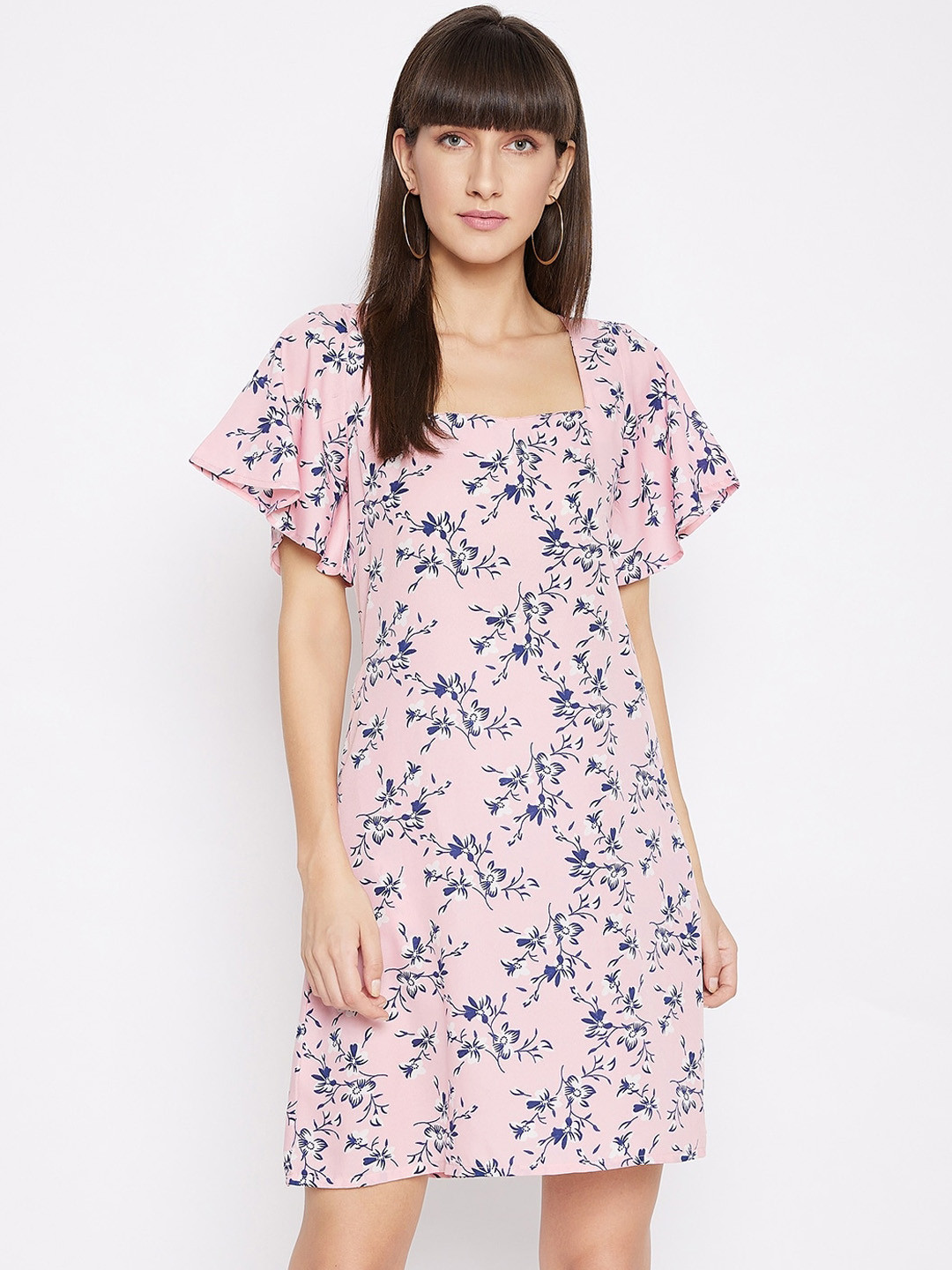 PURYS Pink Floral Crepe Knee Length A-Line Dress