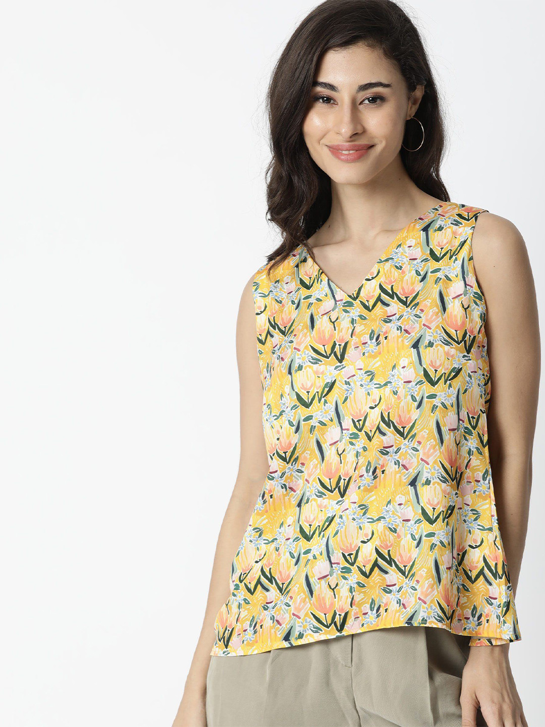 RAREISM Yellow & Green Floral Printed Styled Back A-Line Top