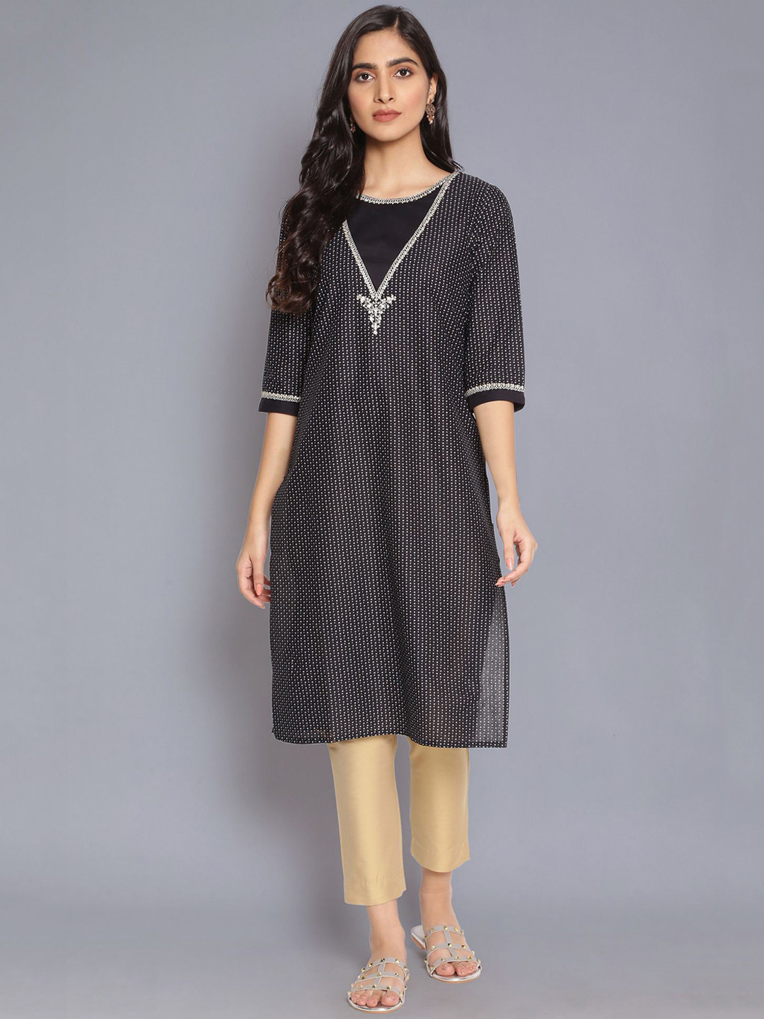 W Women Black & White Printed Cotton Kurta