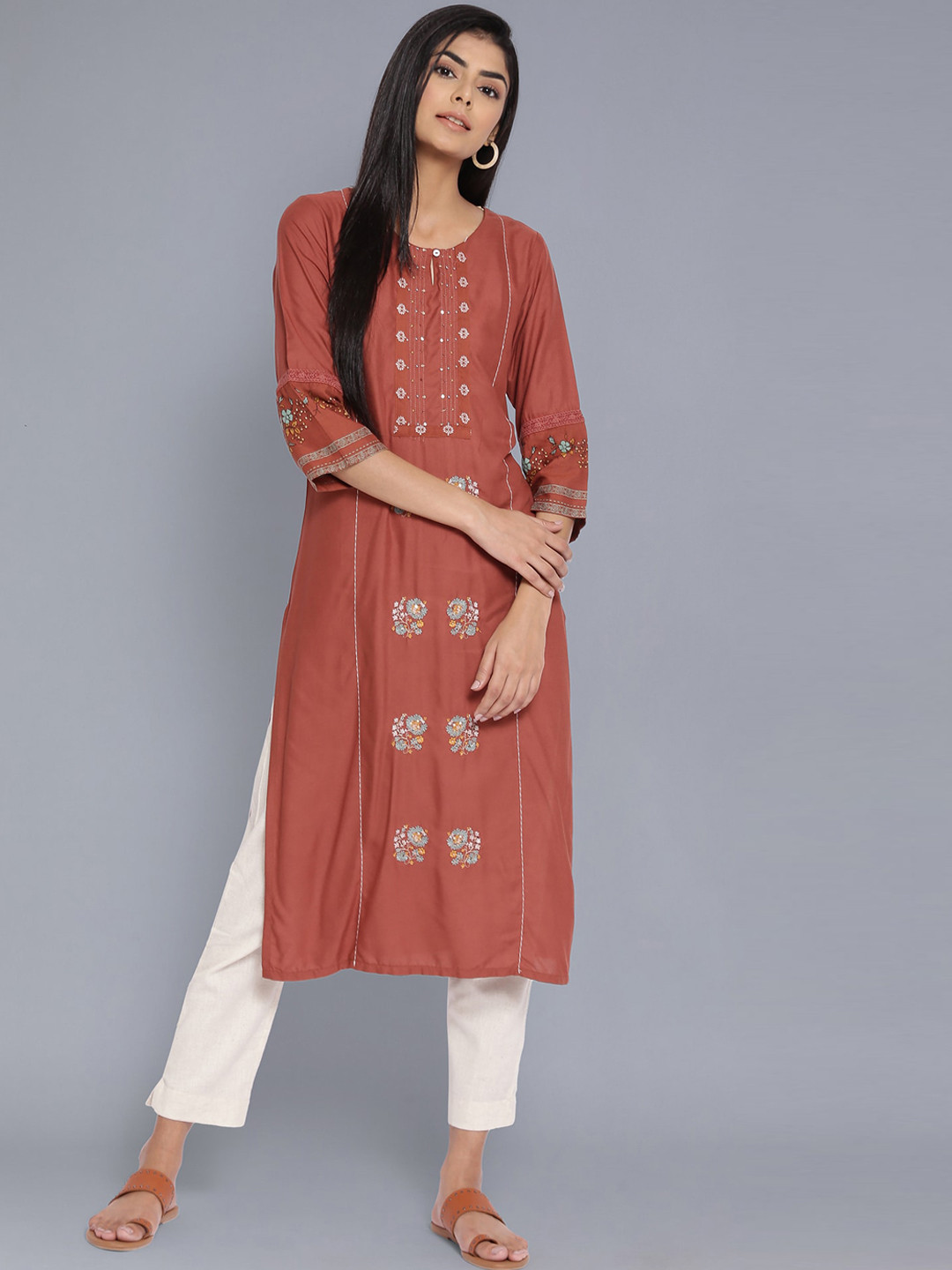W Women Orange & Blue Floral Embroidered Kurta