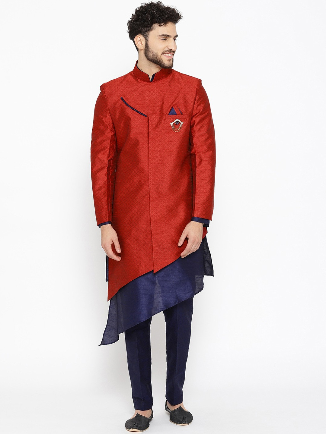 SG RAJASAHAB Men Maroon & Blue Sherwani Set