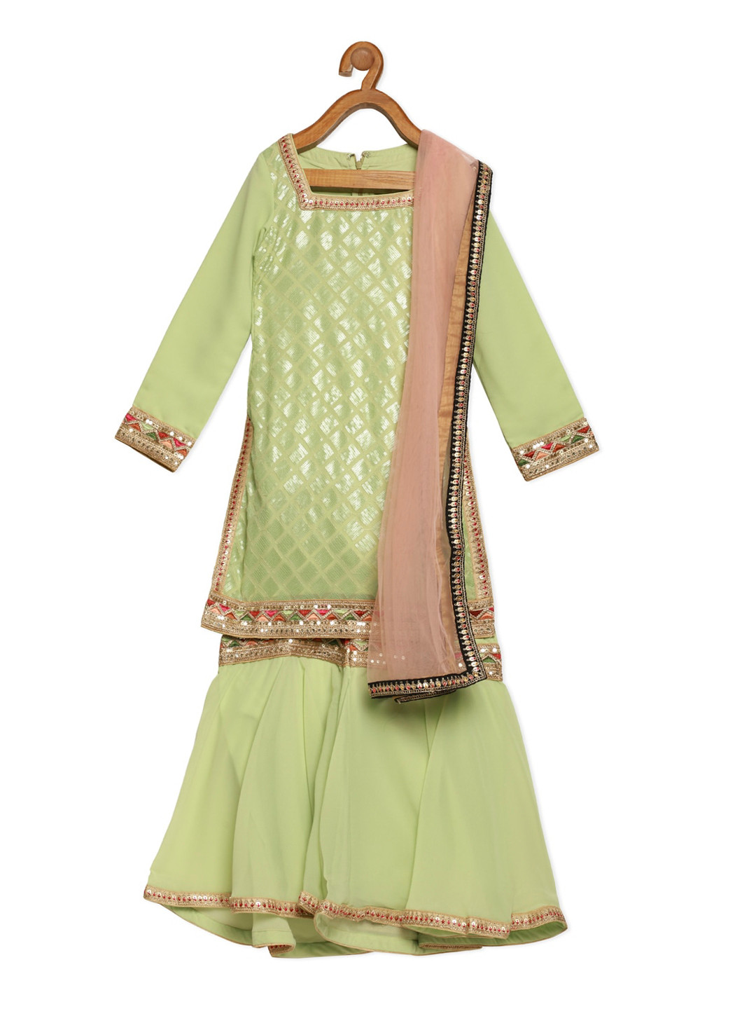 Ethnovog Girls Green Regular Kurti with Sharara  Dupatta
