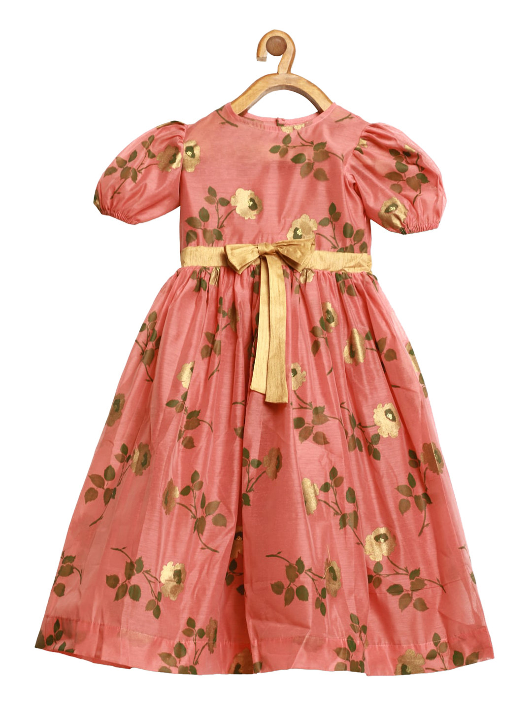 Ethnovog Pink  Green Floral Printed Gathered Chanderi Silk Fit  Flare Dress