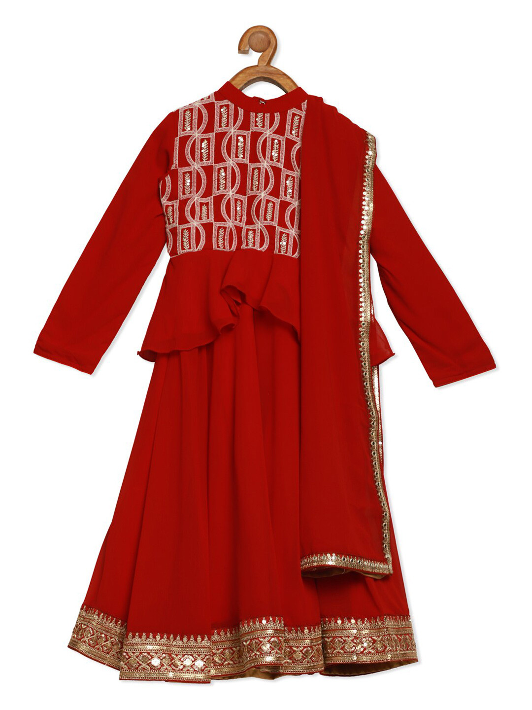 Ethnovog Girls Maroon  Gold-Toned Embroidered Made to Measure Lehenga  Blouse With Dupatta