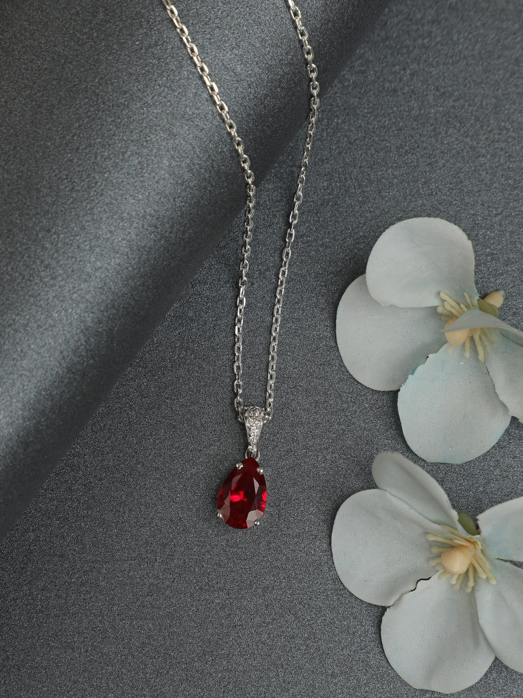 Clara 92.5 Sterling Silver Rhodium-Plated Blood Red Chain with Pendant