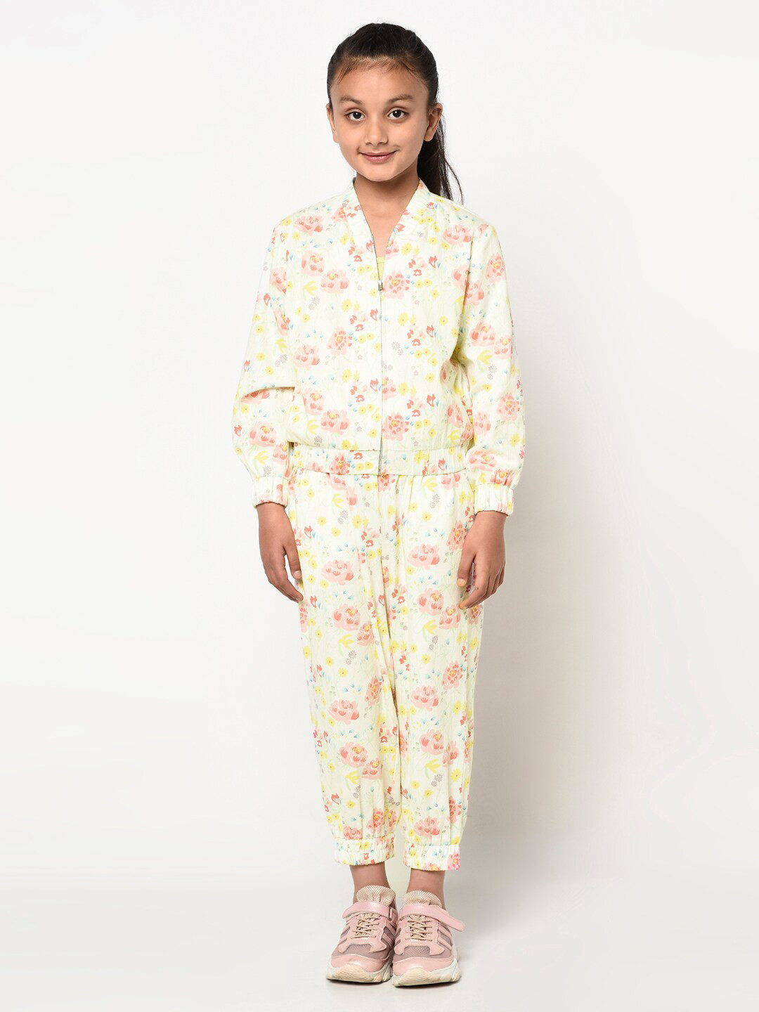 BLANC9 Girls White & Yellow Printed Coat with Trousers