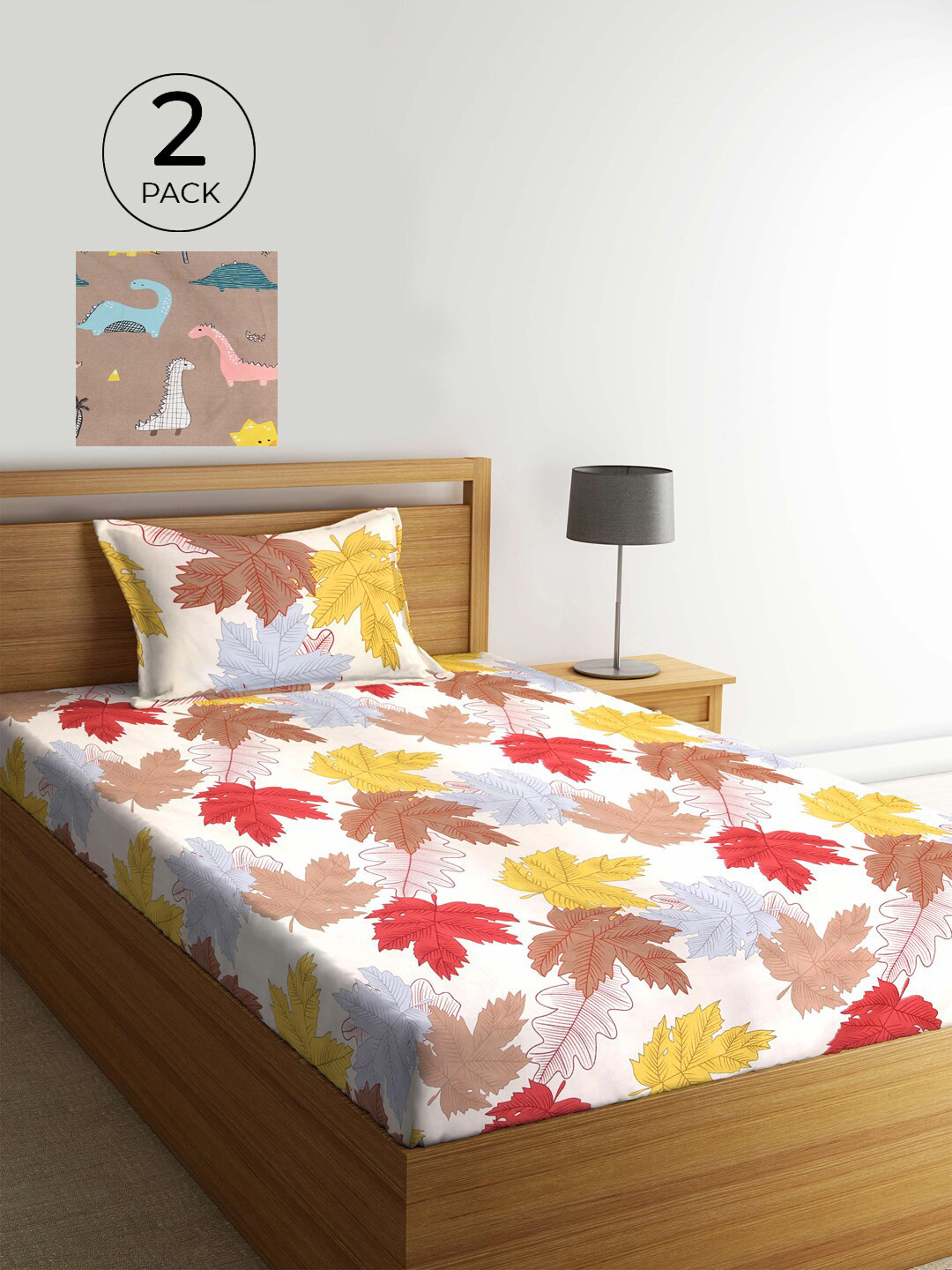 KLOTTHE White Leaf Polycotton 210 TC Single Fine 2 Bedsheet with 2 Pillow Covers-225 x 150 cm