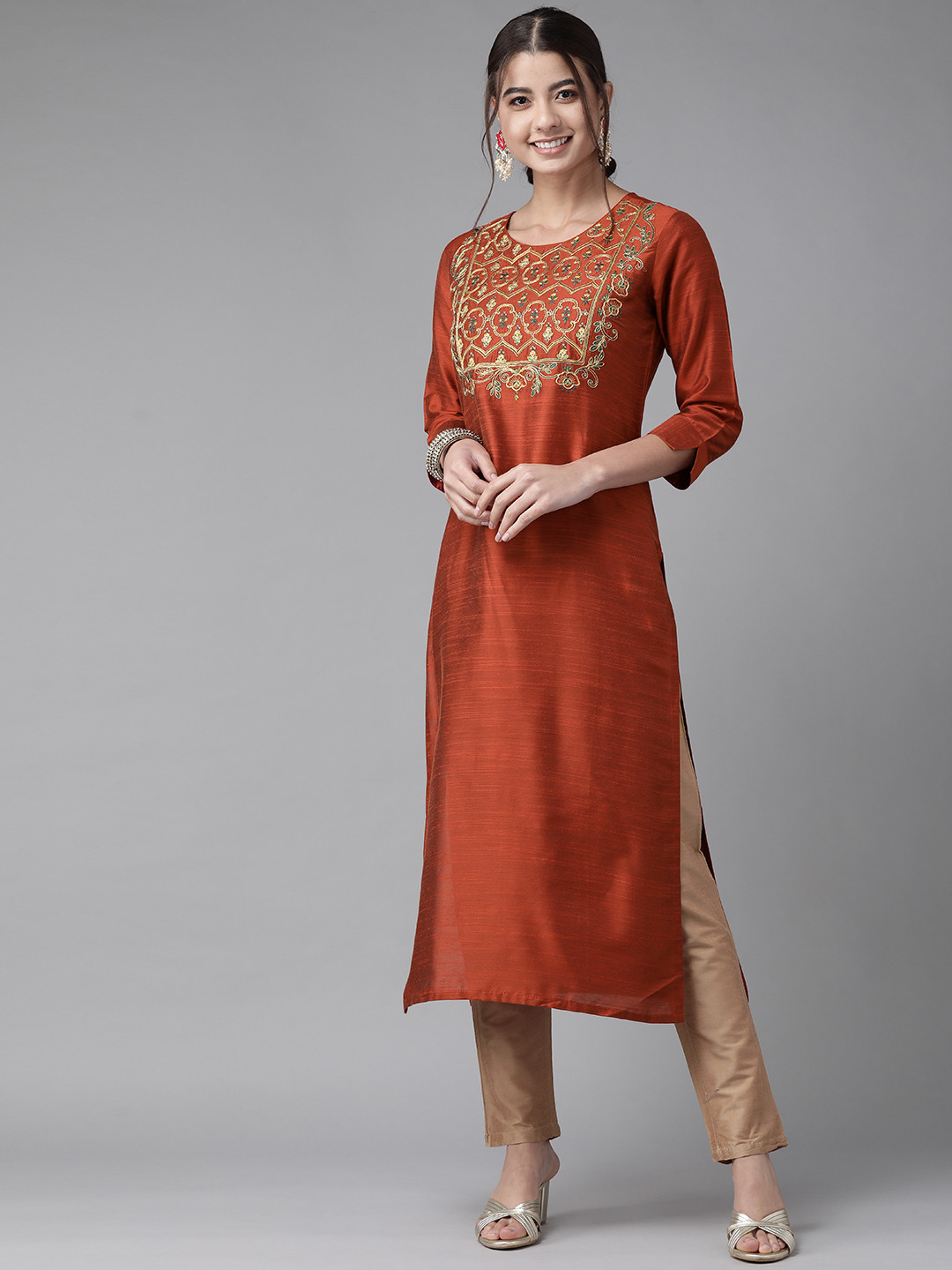 Indo Era Women Orange Yoke Design Thread Work Chanderi Silk Chanderi Silk Kurta