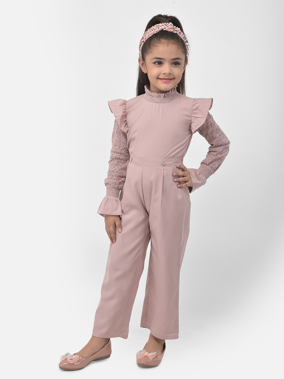 Eavan Girls Pink Turtle Neck Smocked Basic Jumpsuit