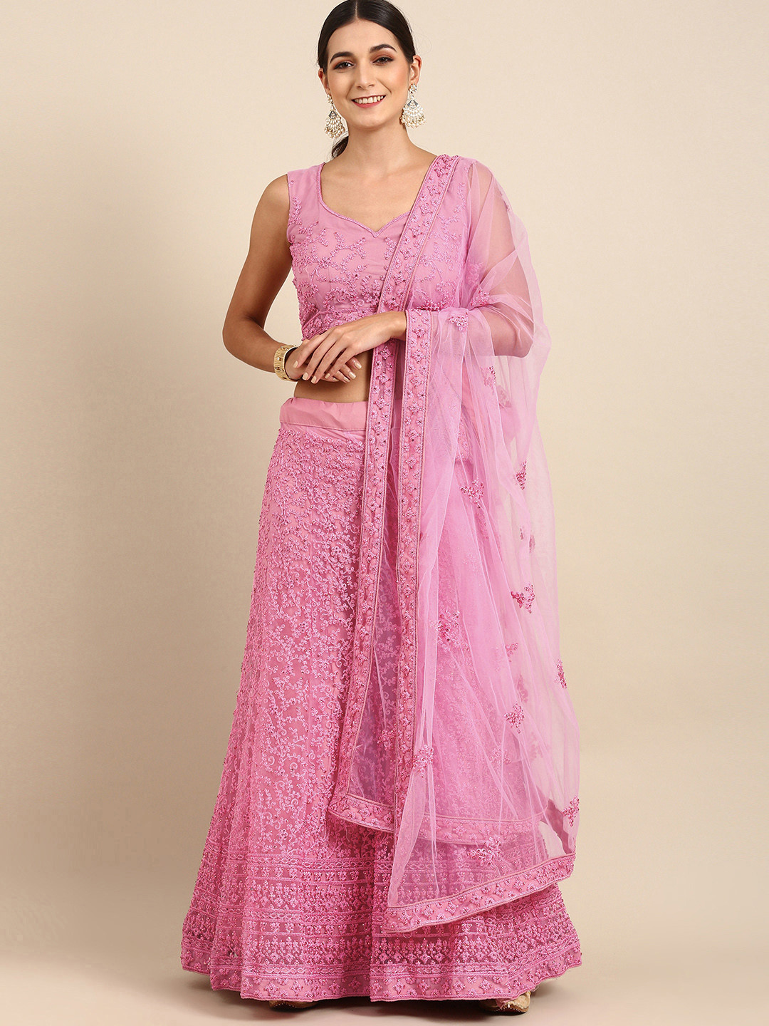 Shaily Pink Embroidered Sequinned Semi-Stitched Lehenga & Unstitched Blouse With Dupatta