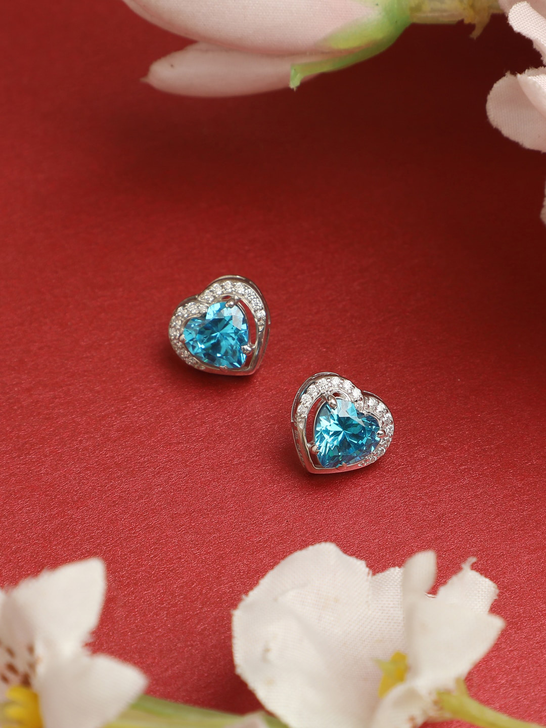 Clara Silver-Toned & Blue CZ-Studded 92.5 % Sterling Silver Heart Shaped Studs Earrings