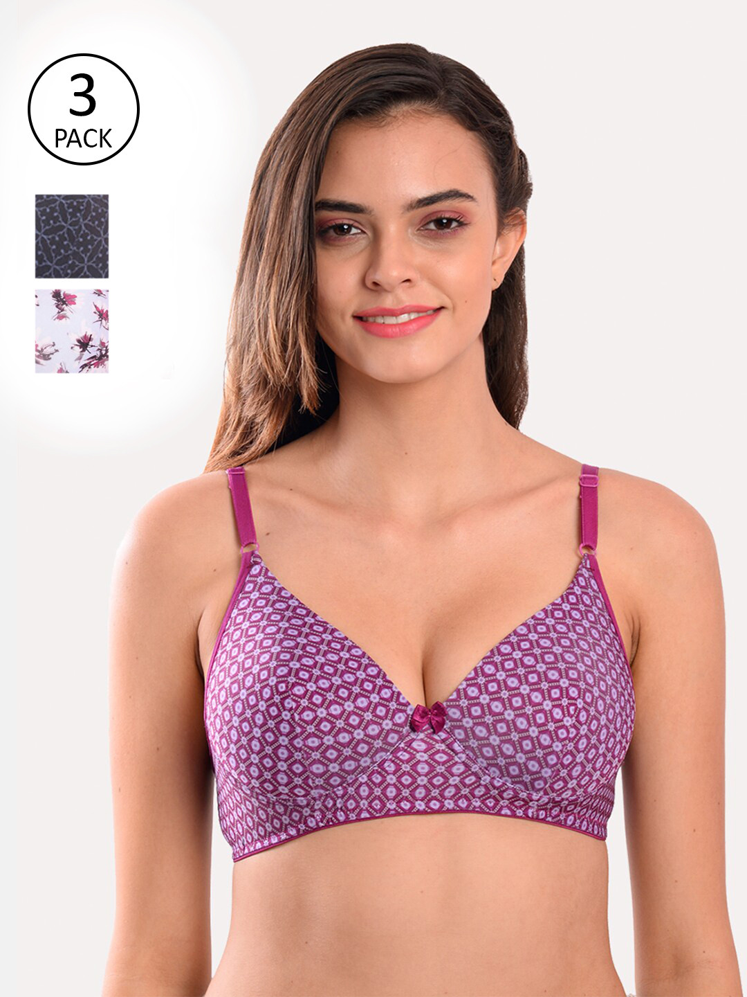 Softskin Pack of 3 Grey & Purple Floral T-shirt Bra - Lightly Padded