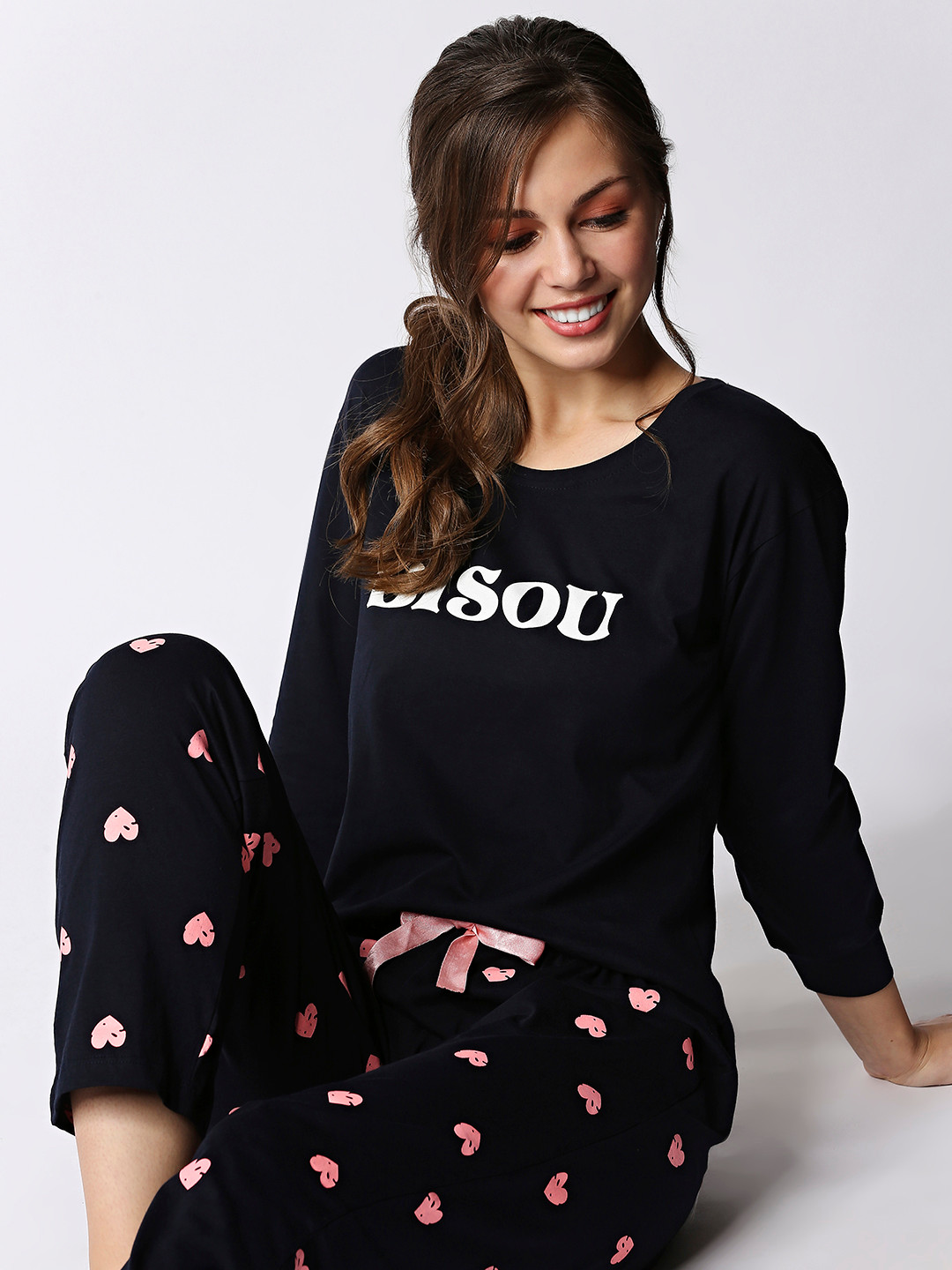 I like me Women Navy Blue & Pink Cotton Printed Night suit ILM-WNFS-9318-NY