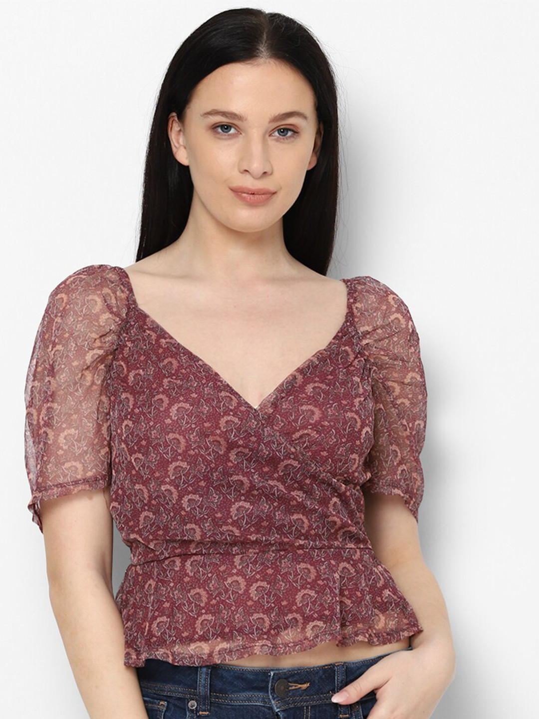 AMERICAN EAGLE OUTFITTERS Maroon Floral Wrap Top