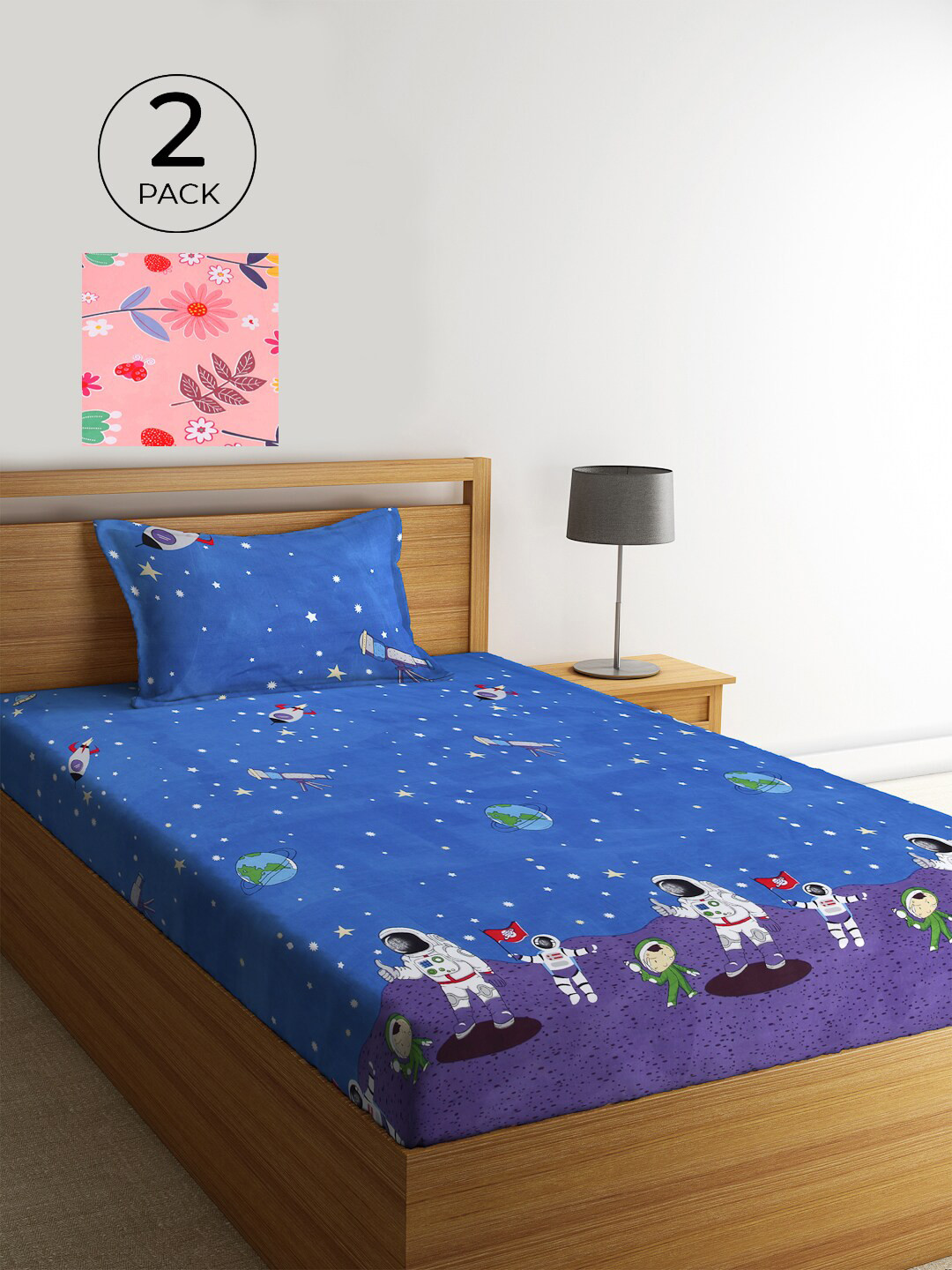 KLOTTHE Pink & Blue Cartoon Characters 210 TC 2 Single Bedsheet with 2 Pillow Covers
