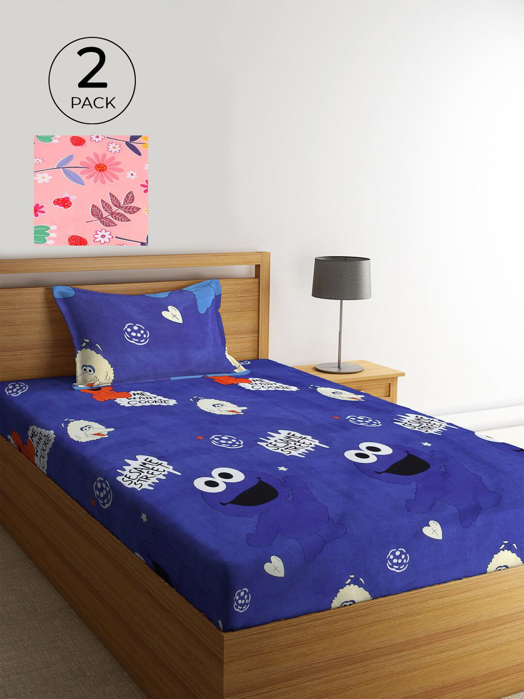 KLOTTHE Pink & Blue Cartoon Characters 300 TC 2 Single Bedsheet with 2 Pillow Covers