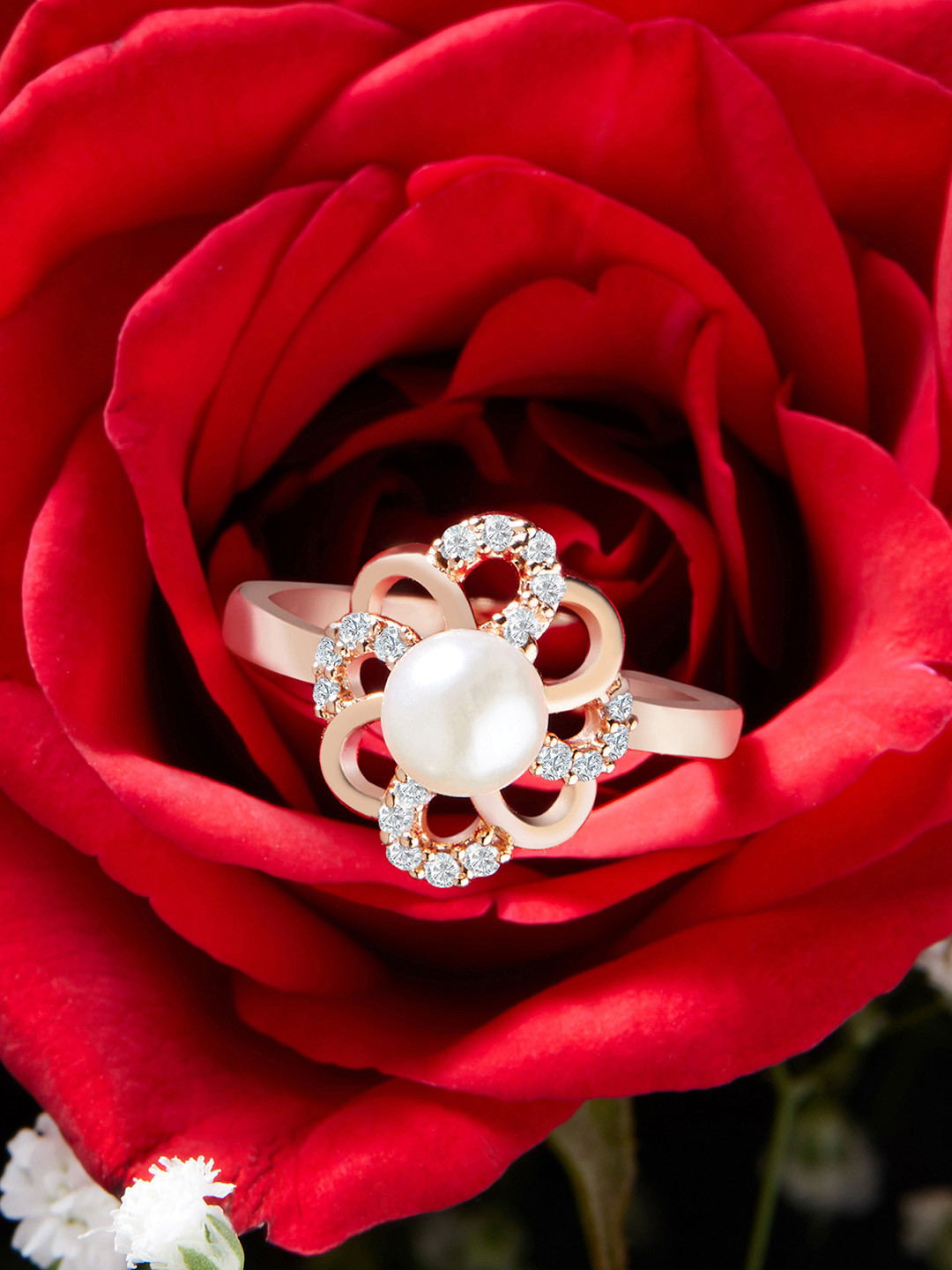 AMI Rose Women Gold-Plated White CZ-Studded & Pearl Beaded Adjustable Finger Ring